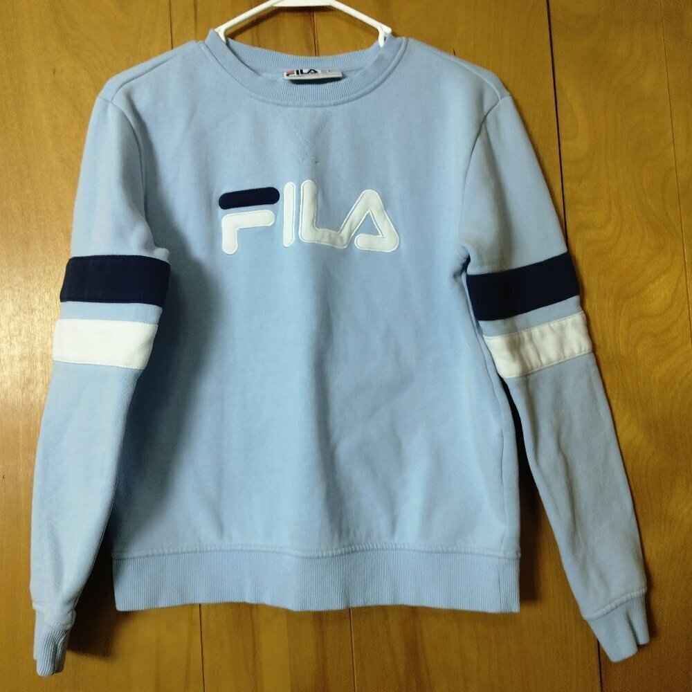 Fila Size Small Light Blue Spell Out Pullover Sweatshirt Logo Activewear Casual